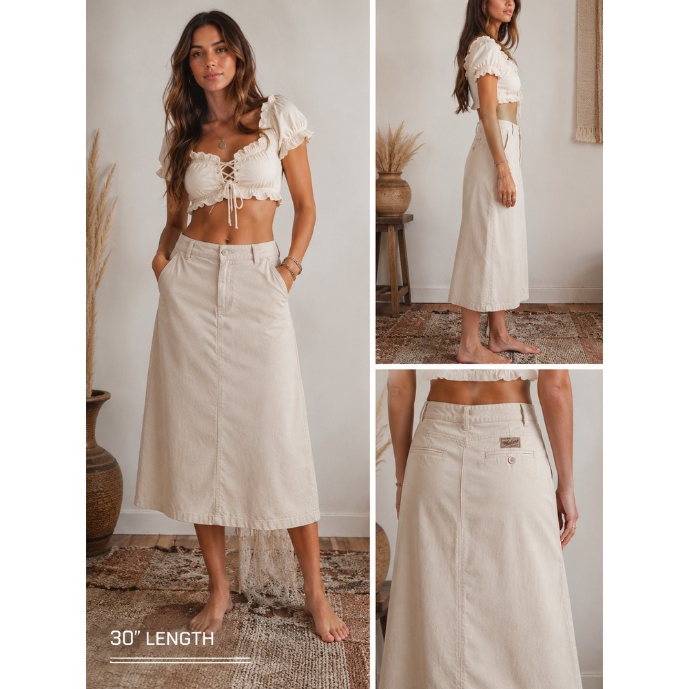 Vintage Woolrich Y2K Bohemian Denim Midi Skirt Retro Cotton Clean Girl Size 12